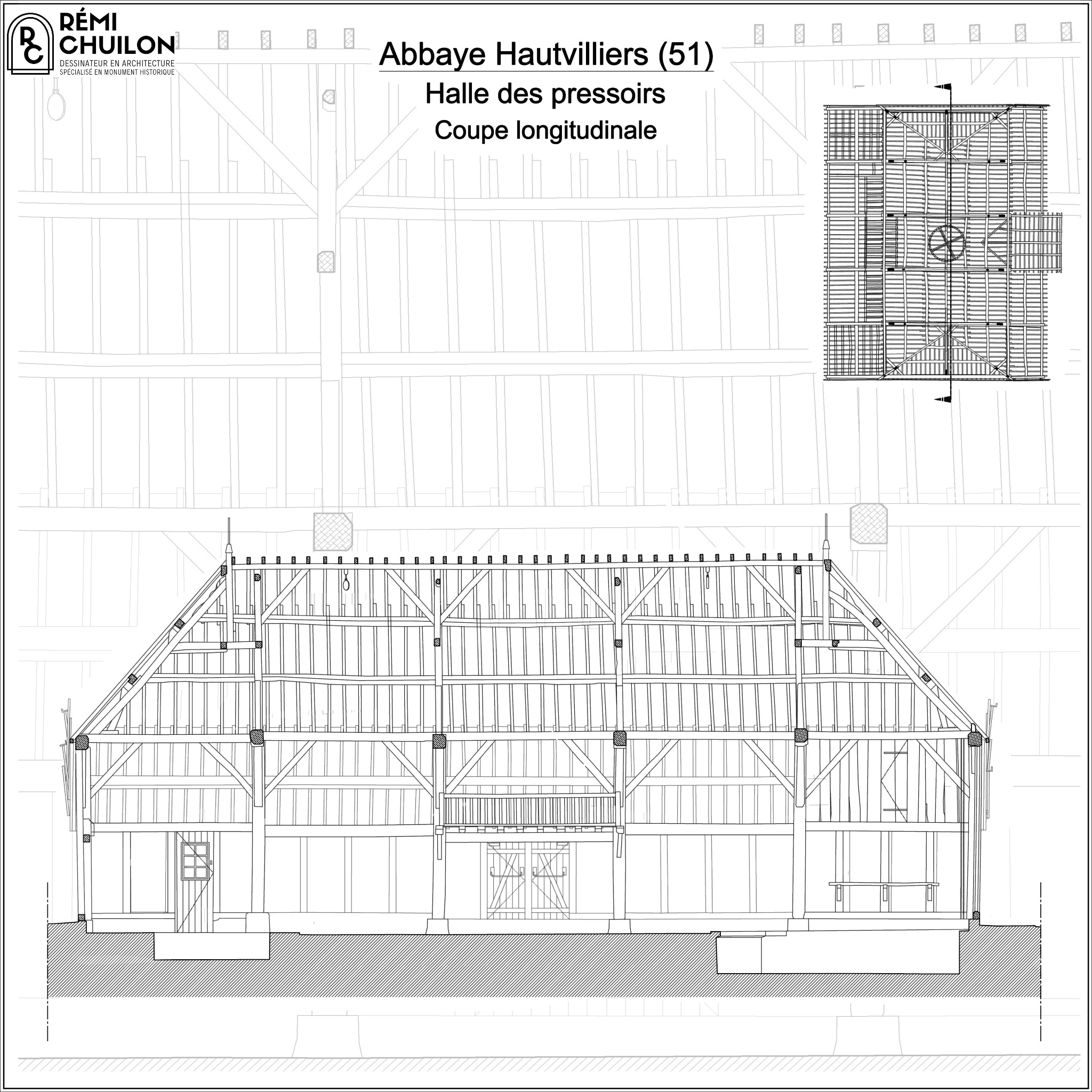 Coupe de la halle des pressoirs — Abbaye Saint-Pierre d'Hautvilliers